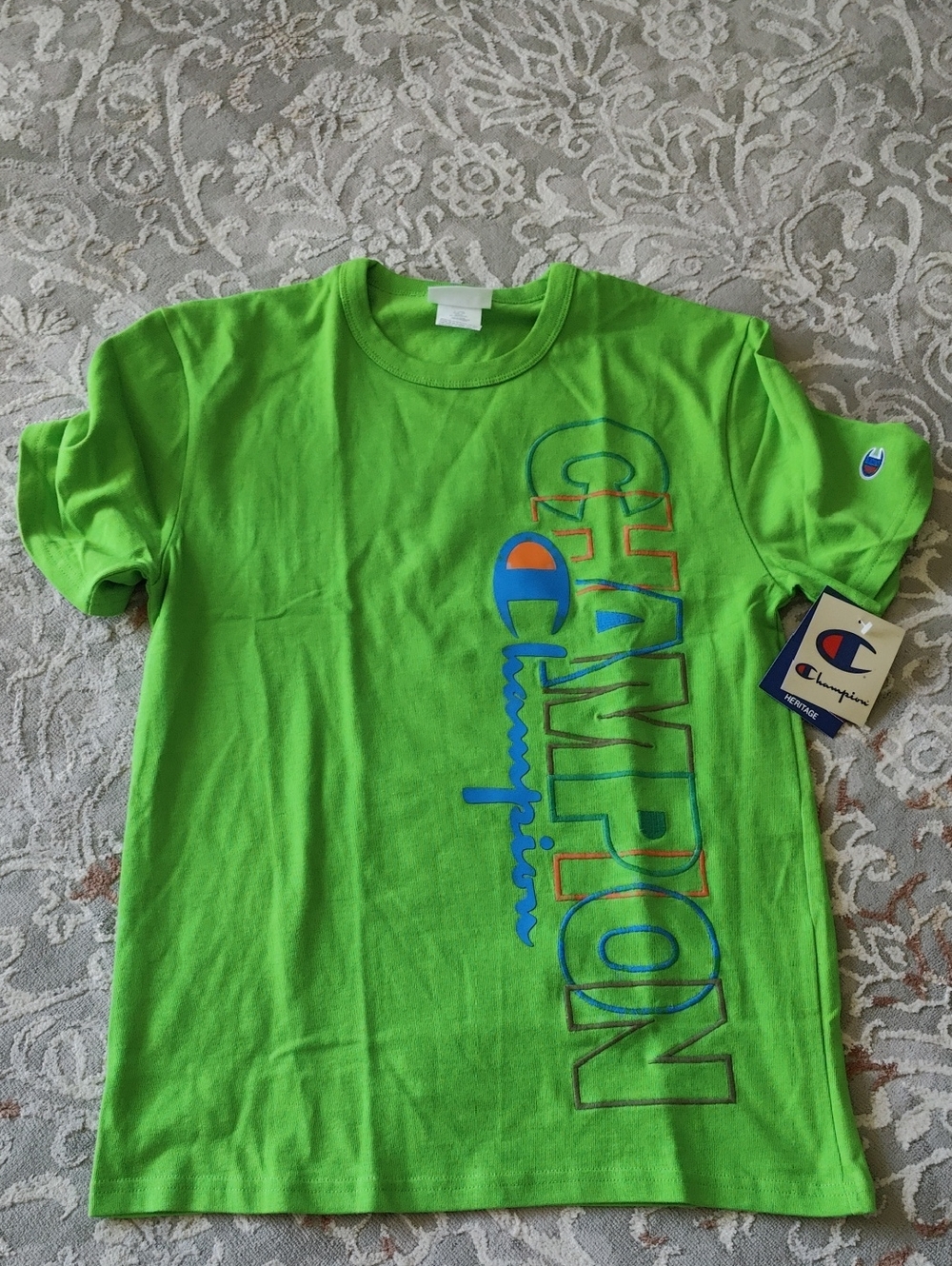 Champion Men Neon Green Vertical Logo Tee